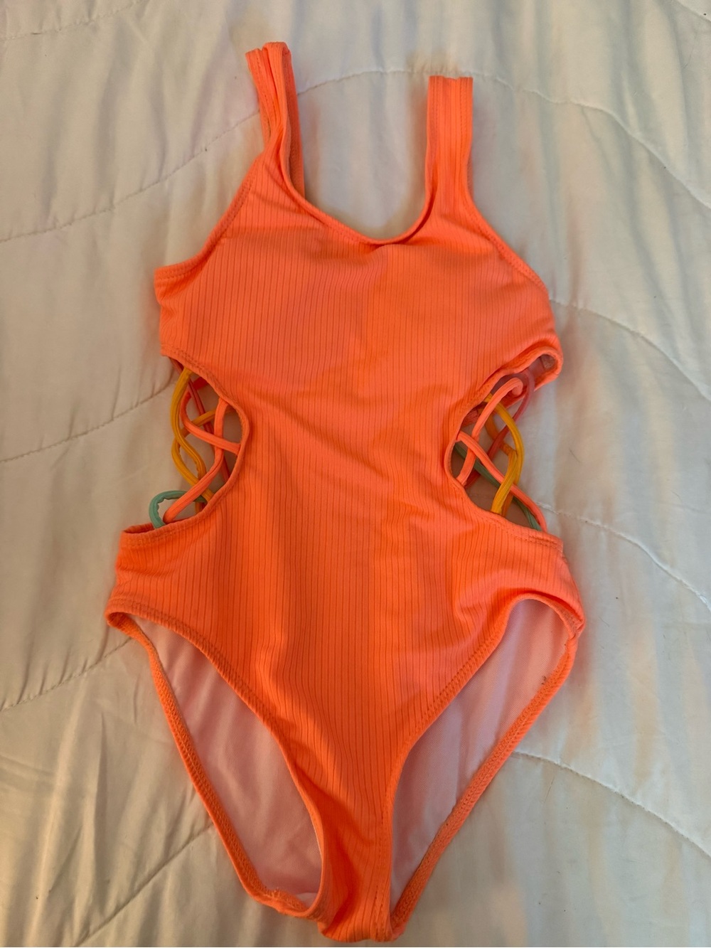 Girls Neon Orange One-Piece Swimsuit with Side Cutouts